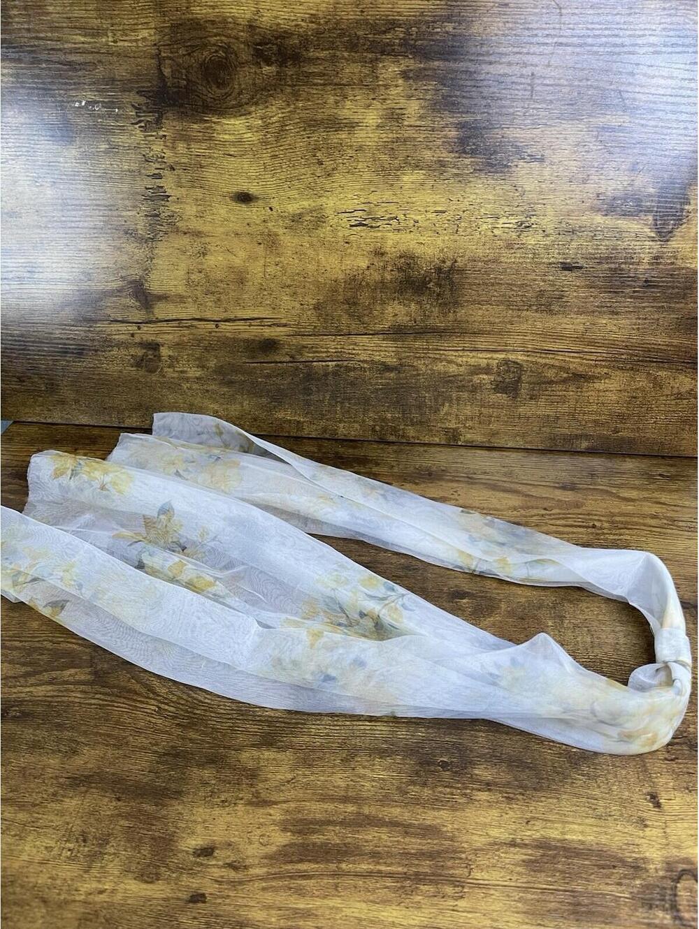 Boho Floral Rectangle Scarf Beige Fringe Lightweight